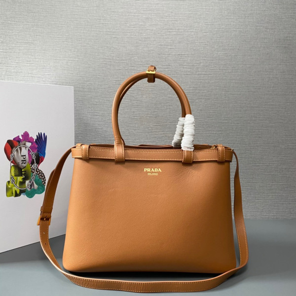 Pra*a buckle leather handbag with double belt-35*25*14cm