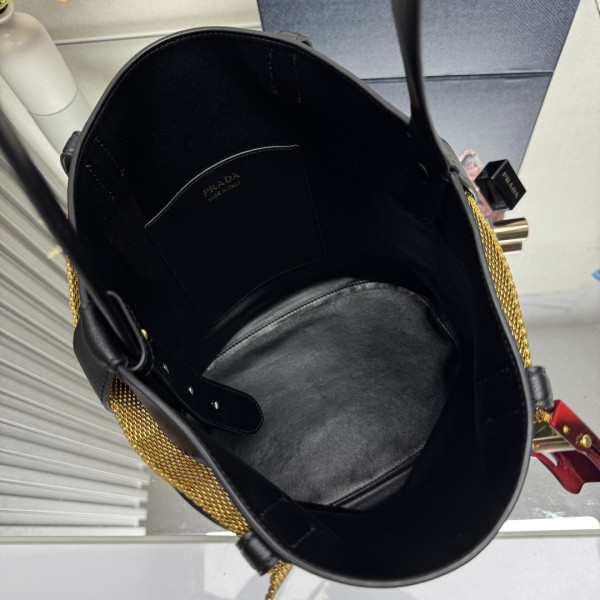 Pra*a buckle leather bucket bag with jeweled belt